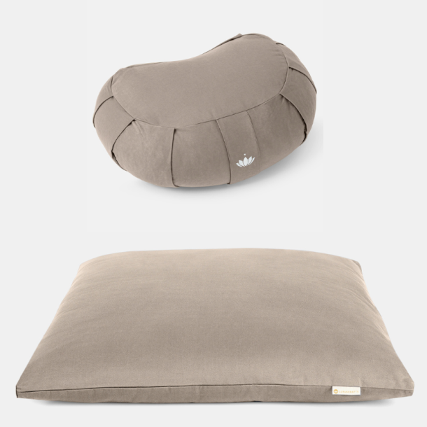Meditationsset DELUXE med halvmne meditationskudde &amp; meditationsmatta - Light Taupe