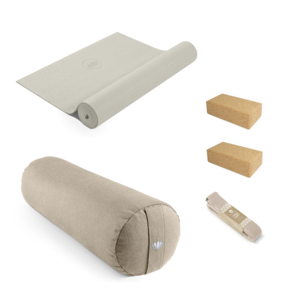 Yogaudstyr startpakke med yogam�tte, p�lle, b�lte og blokke, Light Taupe