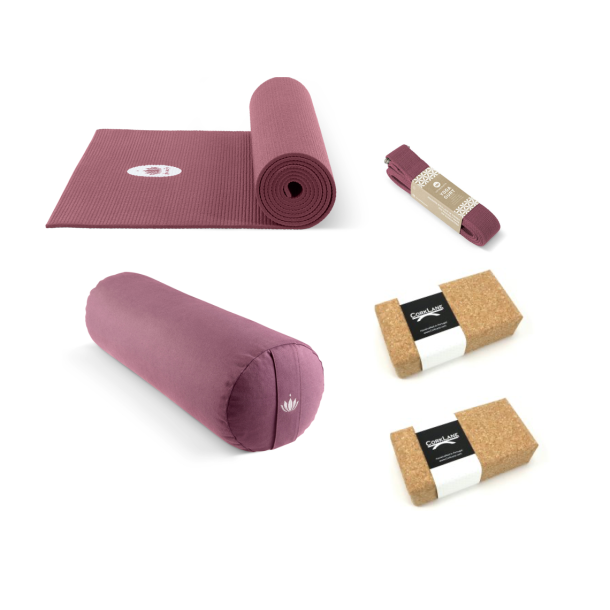 Yogaudstyr startpakke med XL yogamåtte Aubergine Pakke tilbud - Your Yoga Shop